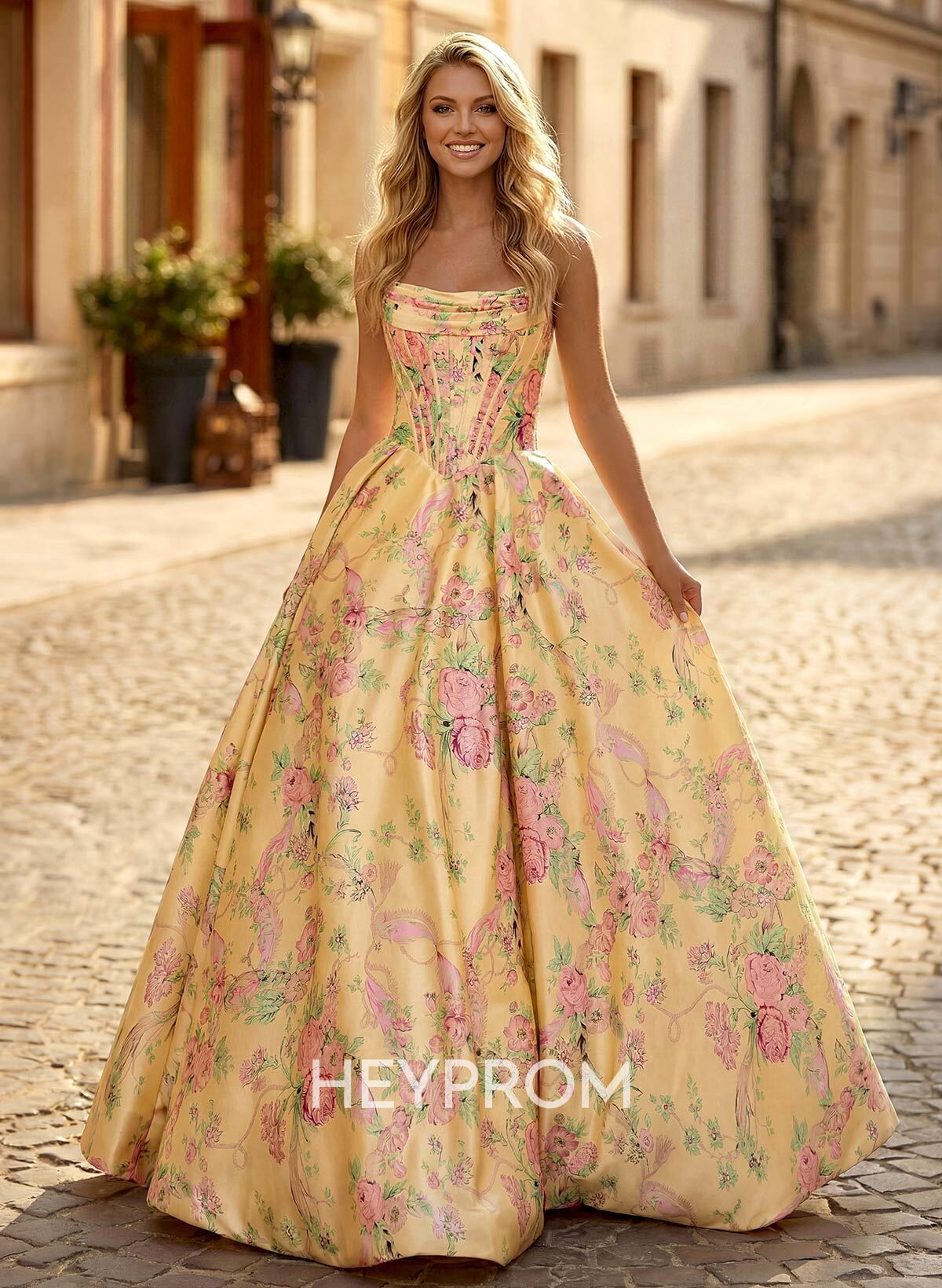 A-Line Strapless Sleeveless Sweep Train Satin Prom Dresses With Flower(s)/High Split
