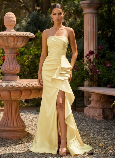 Trumpet/Mermaid Strapless Sleeveless Sweep Train Charmeuse Prom Dresses With High Split