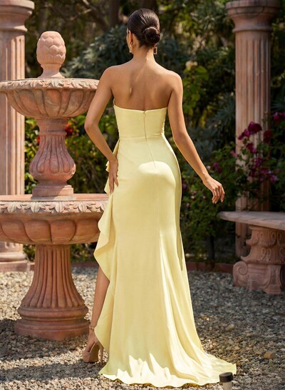 Trumpet/Mermaid Strapless Sleeveless Sweep Train Charmeuse Prom Dresses With High Split