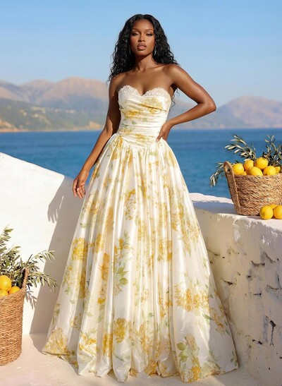 A-Line Sweetheart Sleeveless Floor-Length Satin Prom Dresses With Lace/Flower(s)