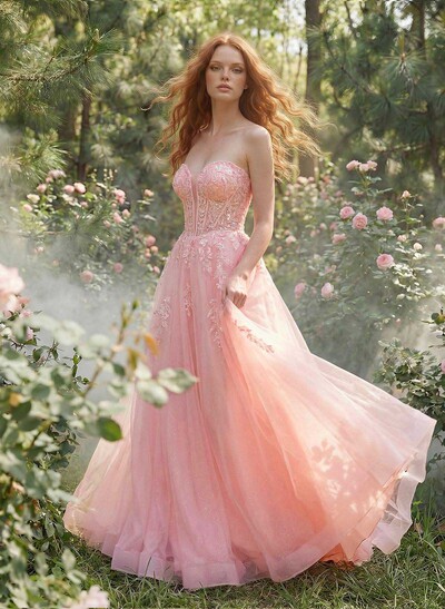 A-Line Sweetheart Sleeveless Floor-Length Satin/Tulle Prom Dresses With Sequins/Lace