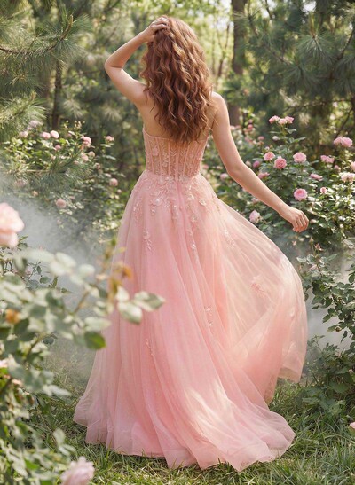 A-Line Sweetheart Sleeveless Floor-Length Satin/Tulle Prom Dresses With Sequins/Lace