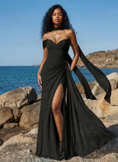 Sheath/Column One-Shoulder/Sweetheart Sleeveless Floor-Length Chiffon Prom Dresses With High Split