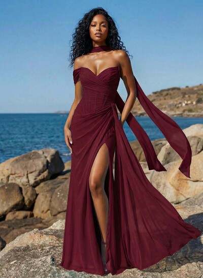 Sheath/Column One-Shoulder/Sweetheart Sleeveless Floor-Length Chiffon Prom Dresses With High Split