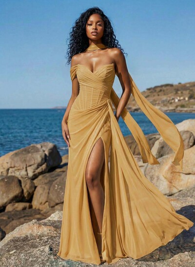 Sheath/Column One-Shoulder/Sweetheart Sleeveless Floor-Length Chiffon Prom Dresses With High Split