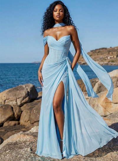 Sheath/Column One-Shoulder/Sweetheart Sleeveless Floor-Length Chiffon Prom Dresses With High Split