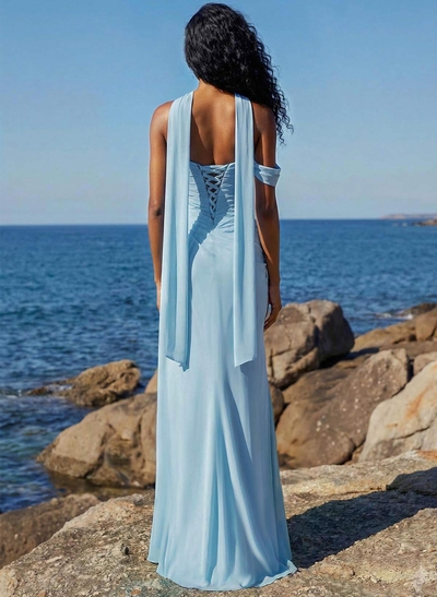 Sheath/Column One-Shoulder/Sweetheart Sleeveless Floor-Length Chiffon Prom Dresses With High Split