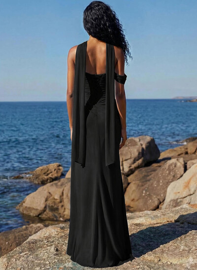 Sheath/Column One-Shoulder/Sweetheart Sleeveless Floor-Length Chiffon Prom Dresses With High Split