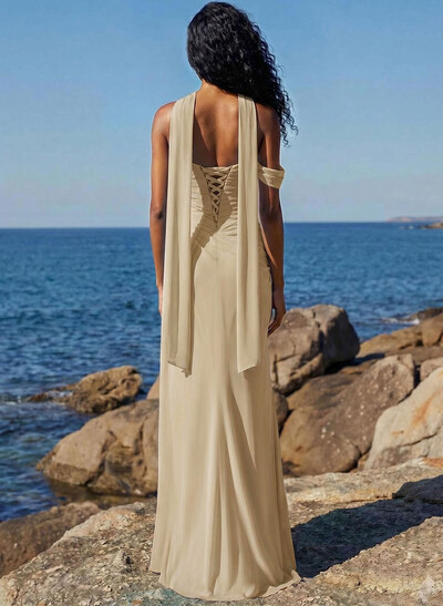Sheath/Column One-Shoulder/Sweetheart Sleeveless Floor-Length Chiffon Prom Dresses With High Split