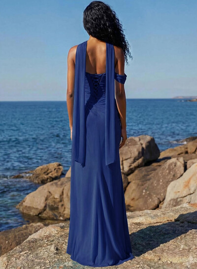 Sheath/Column One-Shoulder/Sweetheart Sleeveless Floor-Length Chiffon Prom Dresses With High Split