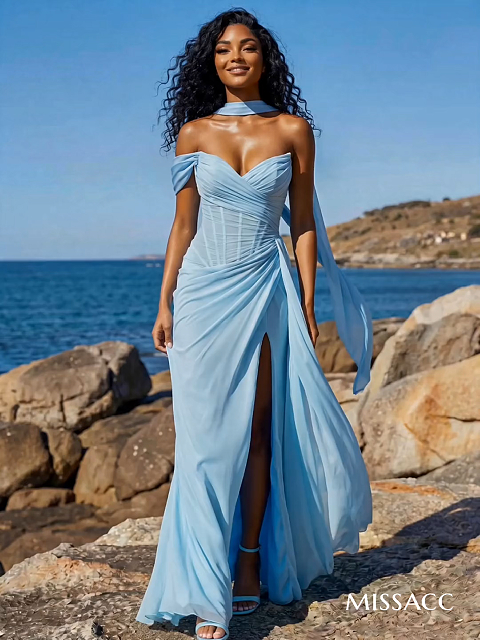 Sheath/Column One-Shoulder/Sweetheart Sleeveless Floor-Length Chiffon Prom Dresses With High Split