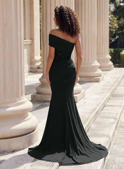 Trumpet/Mermaid One-Shoulder Sleeveless Sweep Train Elastic Satin Prom Dresses With Beading