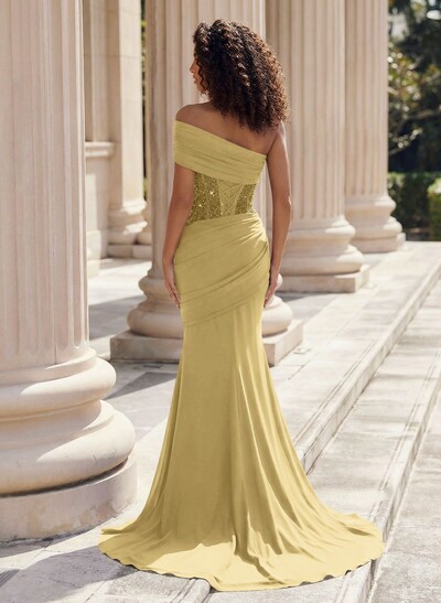 Trumpet/Mermaid One-Shoulder Sleeveless Sweep Train Elastic Satin Prom Dresses With Beading
