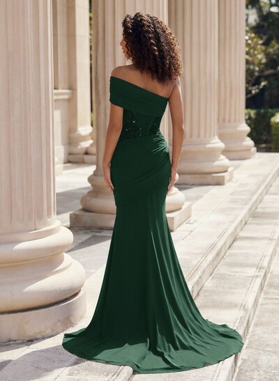 Trumpet/Mermaid One-Shoulder Sleeveless Sweep Train Elastic Satin Prom Dresses With Beading