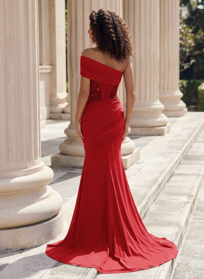 Trumpet/Mermaid One-Shoulder Sleeveless Sweep Train Elastic Satin Prom Dresses With Beading
