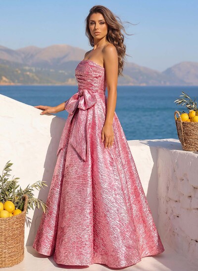Ball-Gown Strapless Sleeveless Floor-Length Jacquard Prom Dresses With Bow(s)