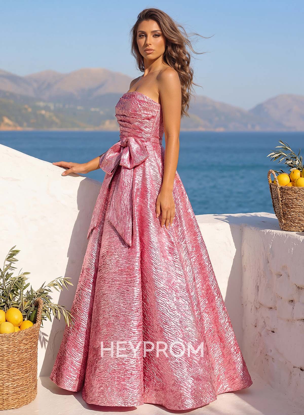 Ball-Gown Strapless Sleeveless Floor-Length Jacquard Prom Dresses With Bow(s)