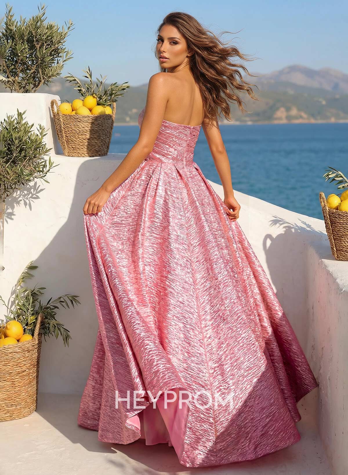 Ball-Gown Strapless Sleeveless Floor-Length Jacquard Prom Dresses With Bow(s)