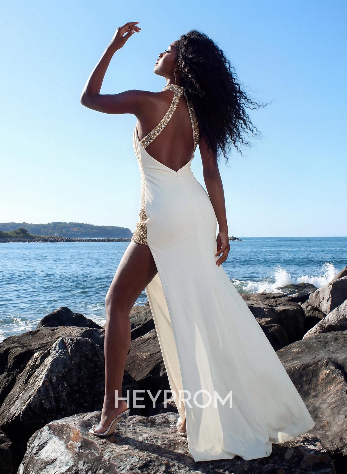 Trumpet/Mermaid Halter Sleeveless Sweep Train Elastic Satin Prom Dresses With High Split