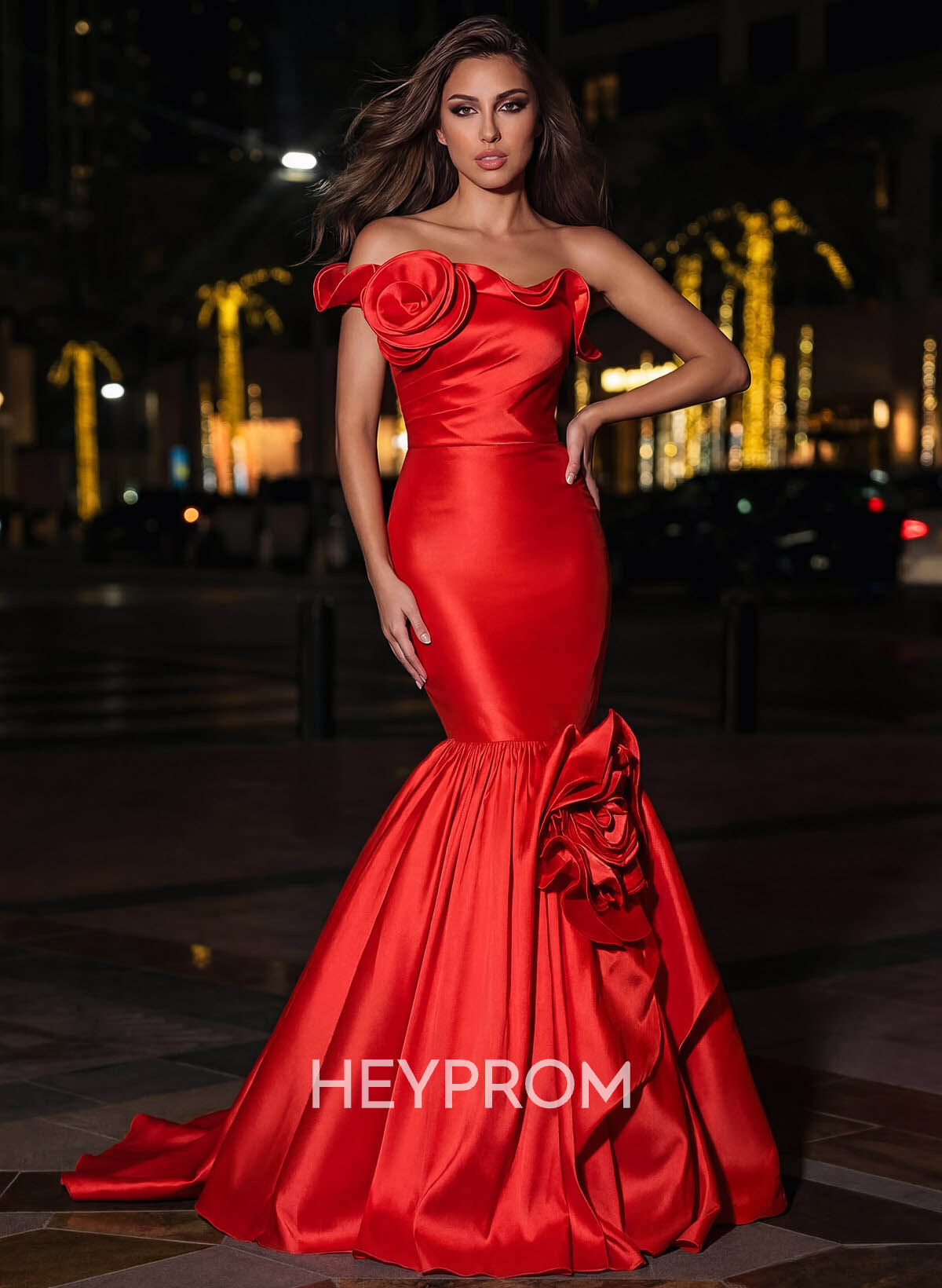 Trumpet/Mermaid One-Shoulder Sweep Train Satin Prom Dresses With Flower(s)/Shoulder Ruffle