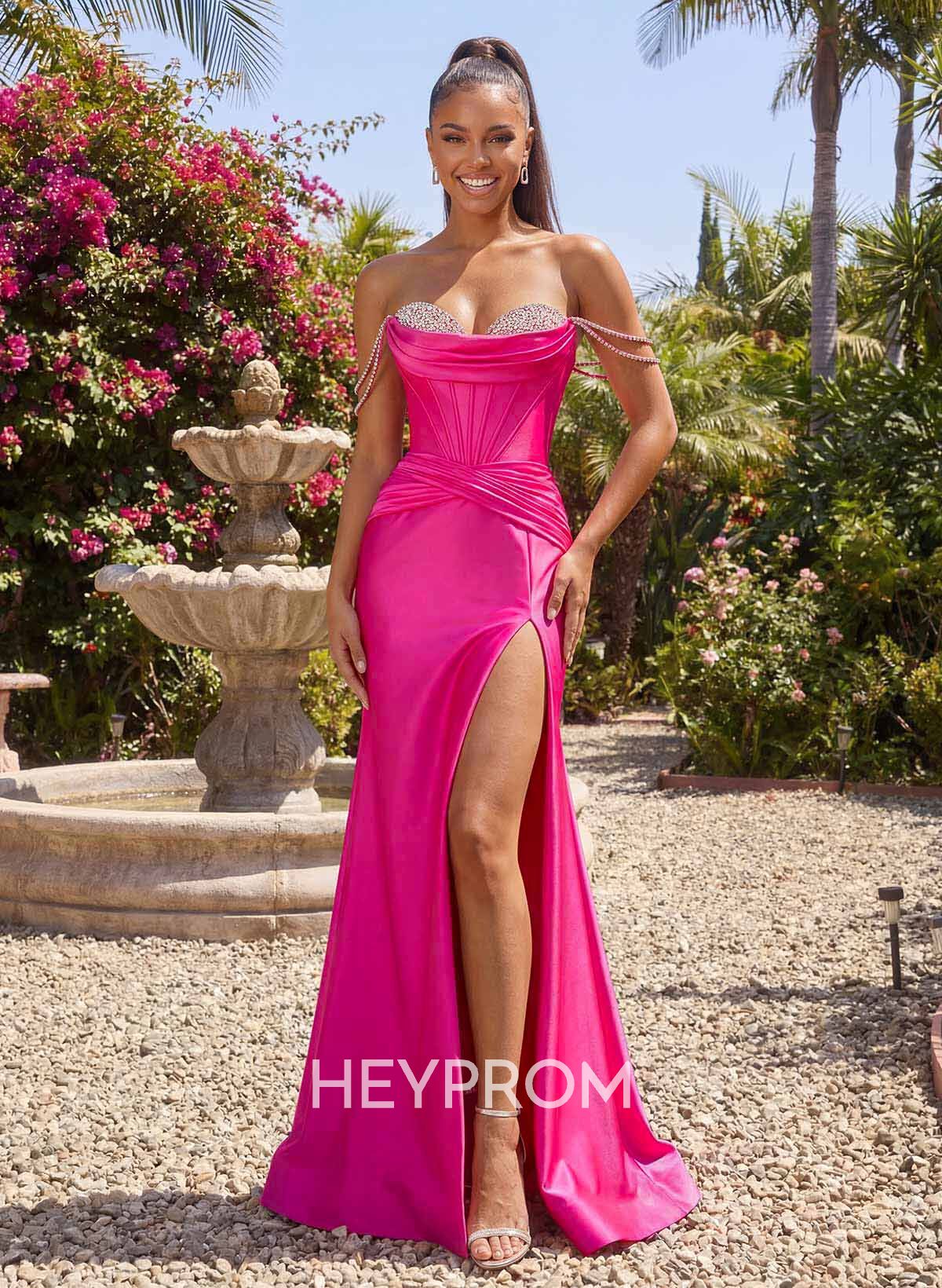 Trumpet/Mermaid Off-The-Shoulder Sweep Train Stretch Satin Knit Prom Dresses With Beading/High Split