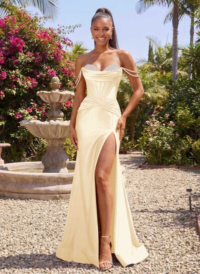 Trumpet/Mermaid Off-The-Shoulder Sweep Train Stretch Satin Knit Prom Dresses With Beading/High Split