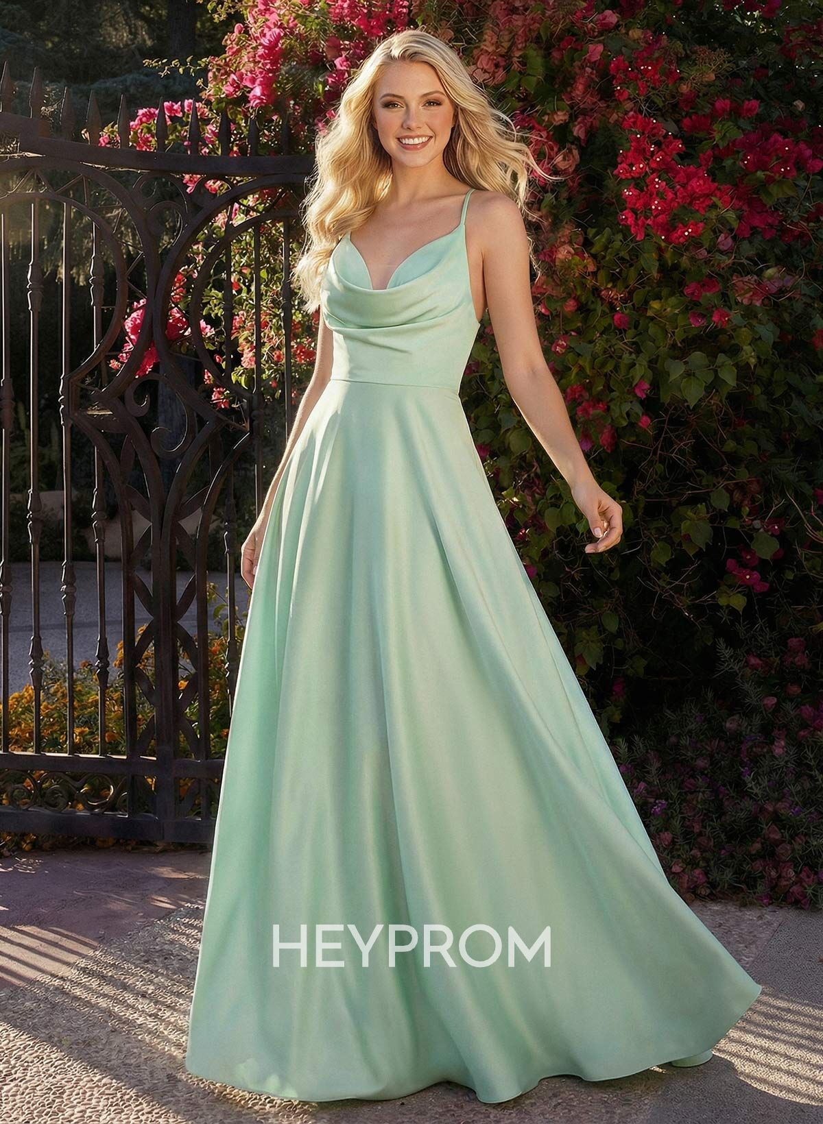 A-Line Cowl Neck Sleeveless Floor-Length Crepe Satin Prom Dresses With Back Hole