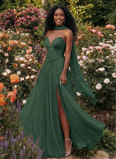 A-Line Strapless Sweep Train Chiffon Prom Dresses With Pleated/High Split