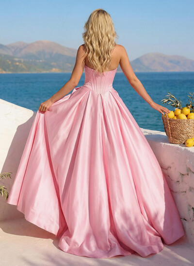 A-Line Strapless Sleeveless Sweep Train Twill Satin Prom Dresses With Bow(s)