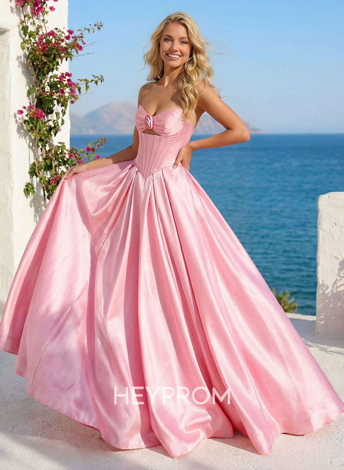A-Line Strapless Sleeveless Sweep Train Twill Satin Prom Dresses With Bow(s)
