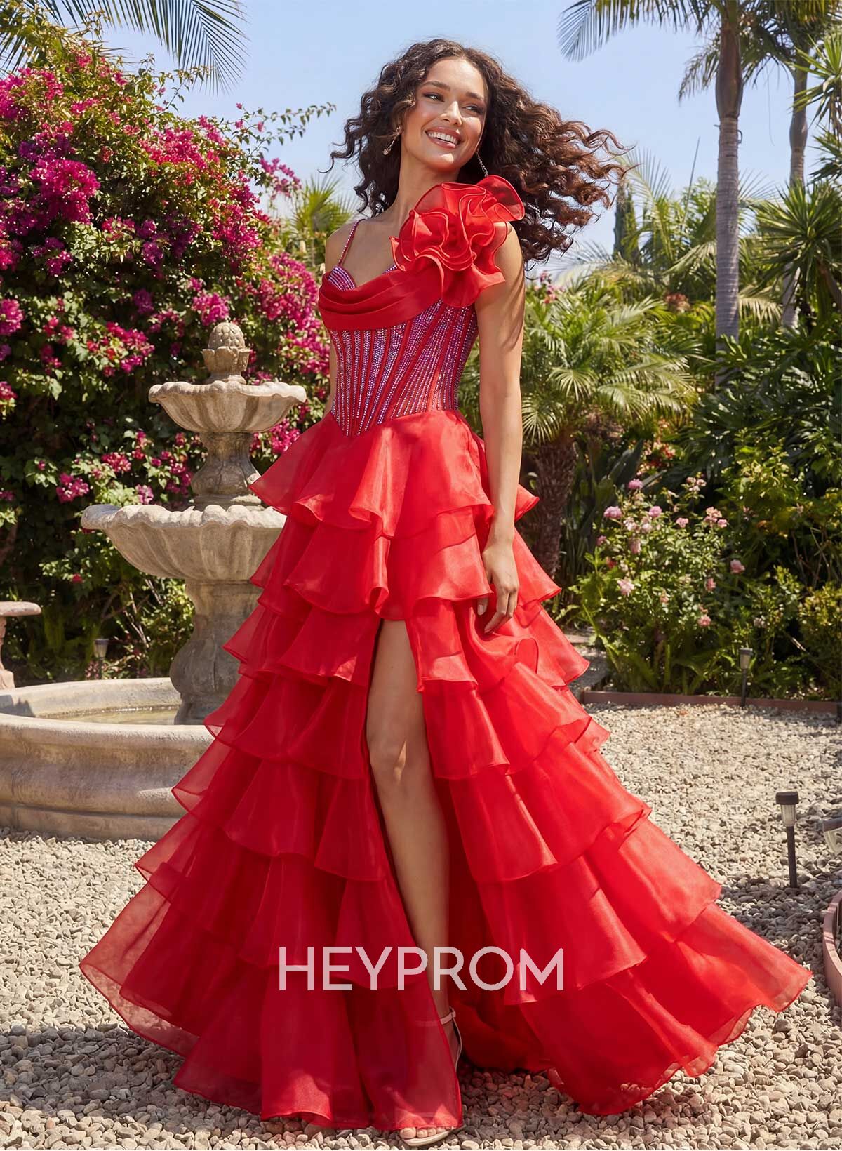 A-Line Cowl Neck Sweep Train Prom Dresses With Cascading Ruffles/Flower(s)/High Split/Tiered
