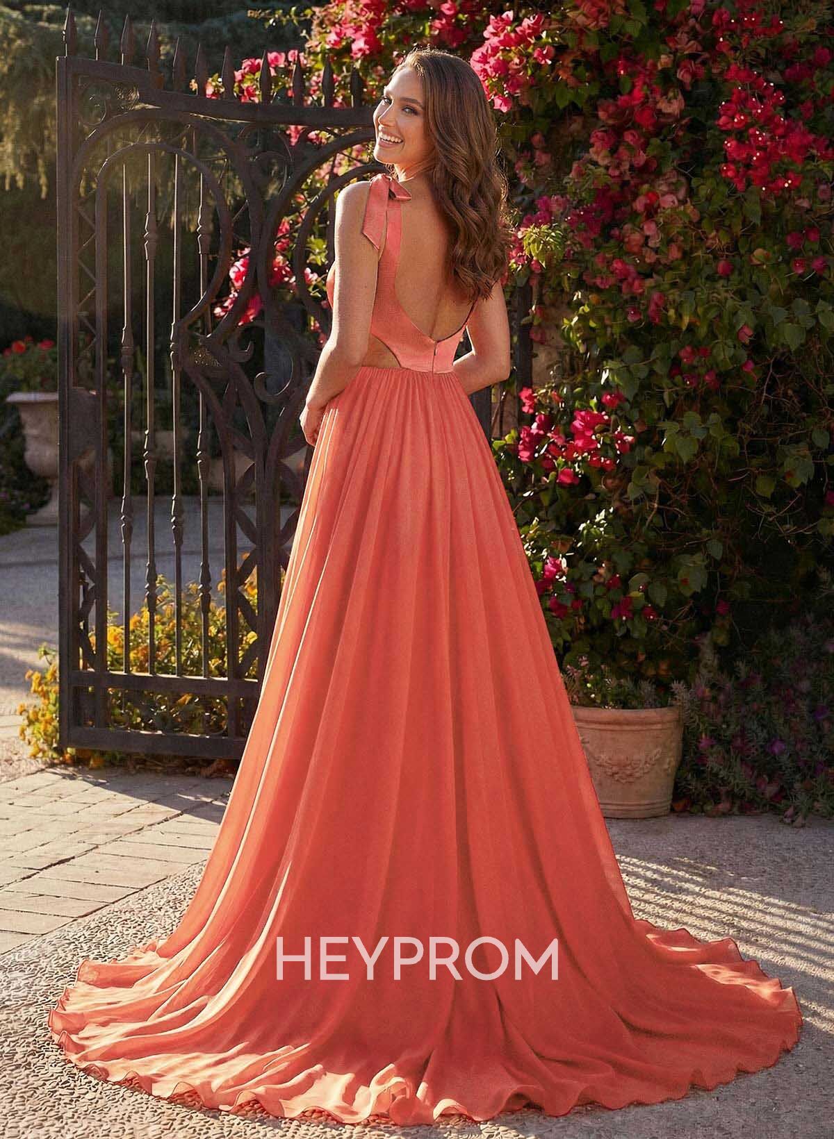 A-Line Scoop Neck Sleeveless Sweep Train Satin/Tulle/30D Chiffon Prom Dresses With Split Front/Bow(s)
