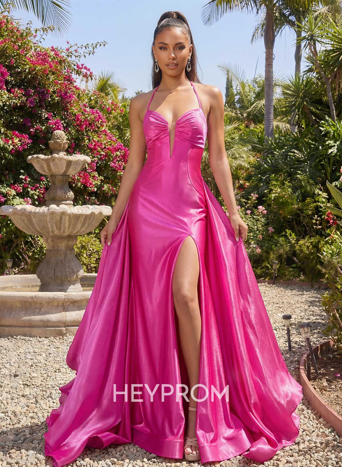 Trumpet/Mermaid Plunge Neck Sweep Train Stretch Satin Knit/Liquid Tulle Prom Dresses With Flower(s)/High Split