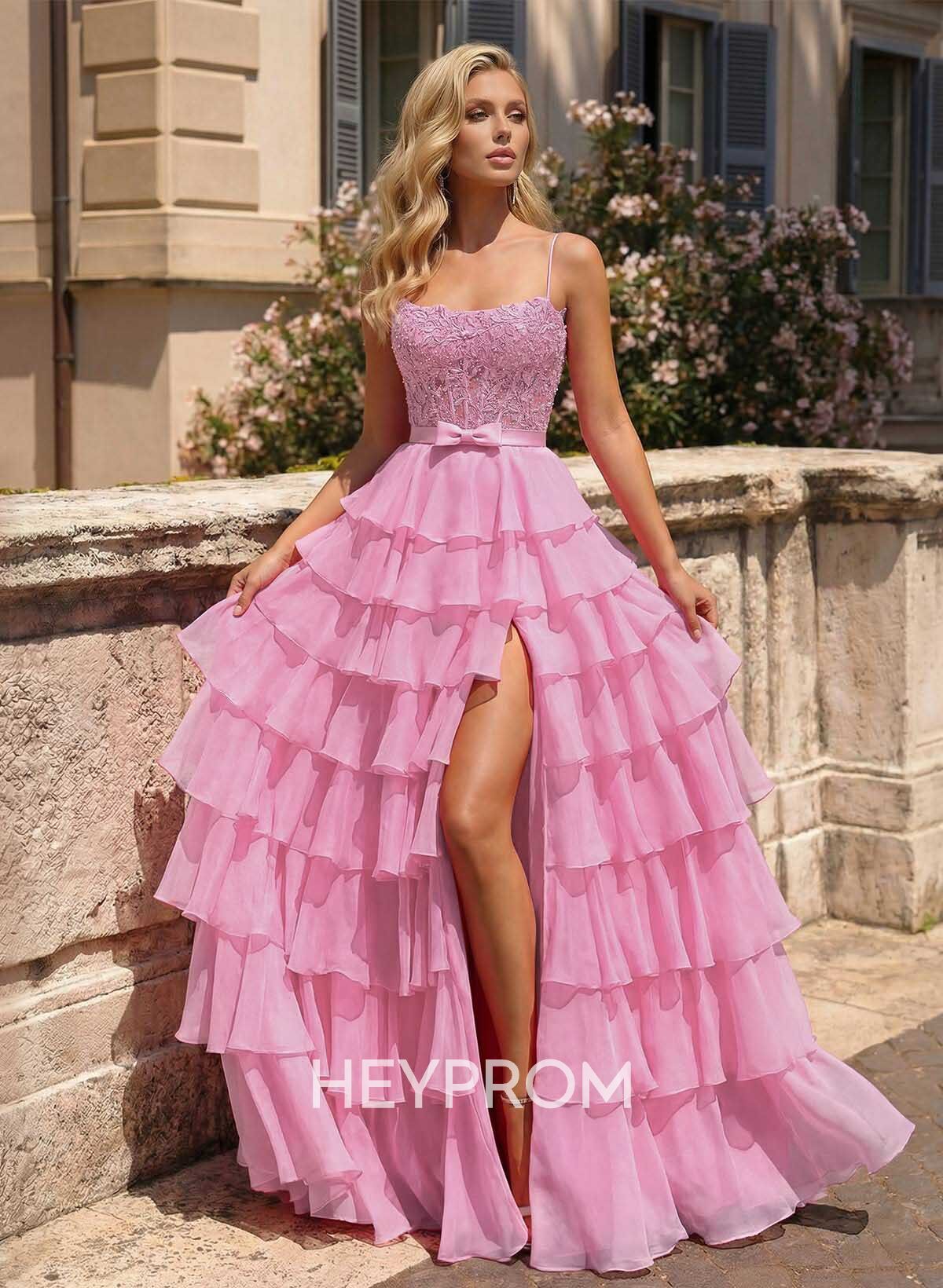 A-Line Square Neckline Sweep Train Chiffon Prom Dresses With Appliques Lace/High Split/Tiered