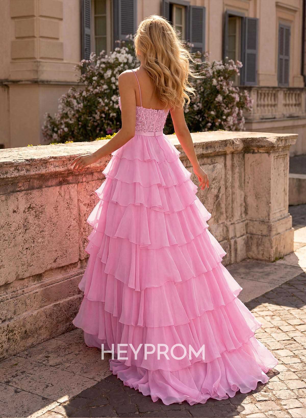 A-Line Square Neckline Sweep Train Chiffon Prom Dresses With Appliques Lace/High Split/Tiered