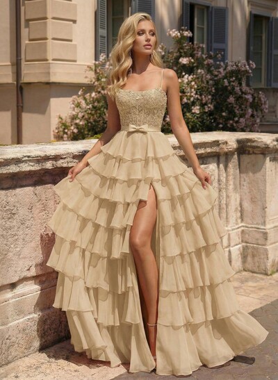 A-Line Square Neckline Sweep Train Chiffon Prom Dresses With Appliques Lace/High Split/Tiered