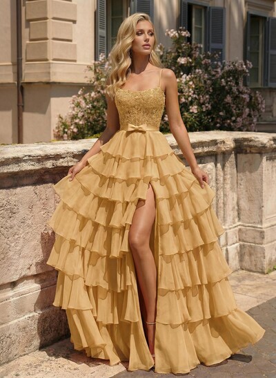 A-Line Square Neckline Sweep Train Chiffon Prom Dresses With Appliques Lace/High Split/Tiered
