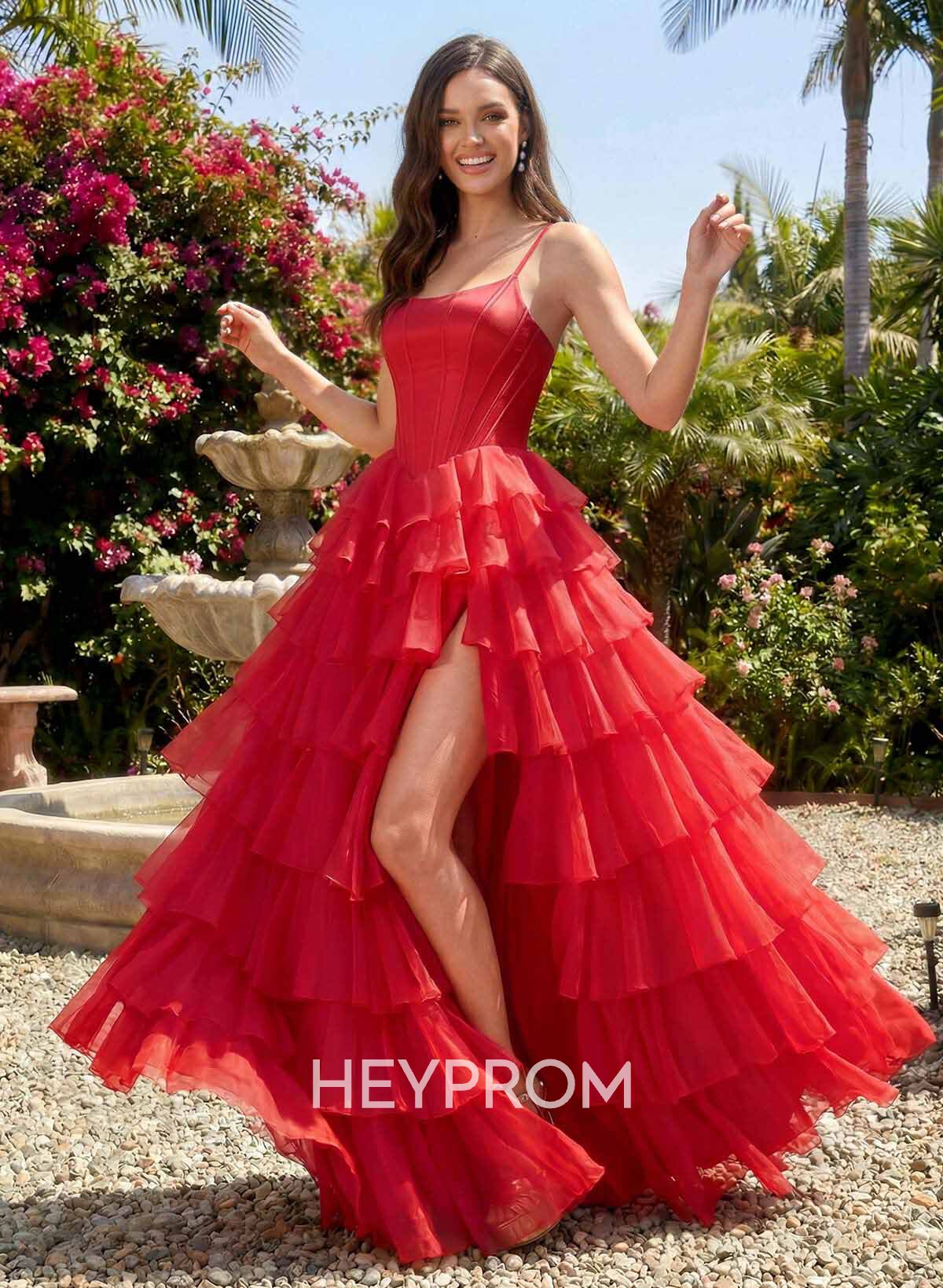 A-Line Square Neckline Sleeveless Floor-Length Chiffon Prom Dresses With Cascading Ruffles/High Split/Tiered