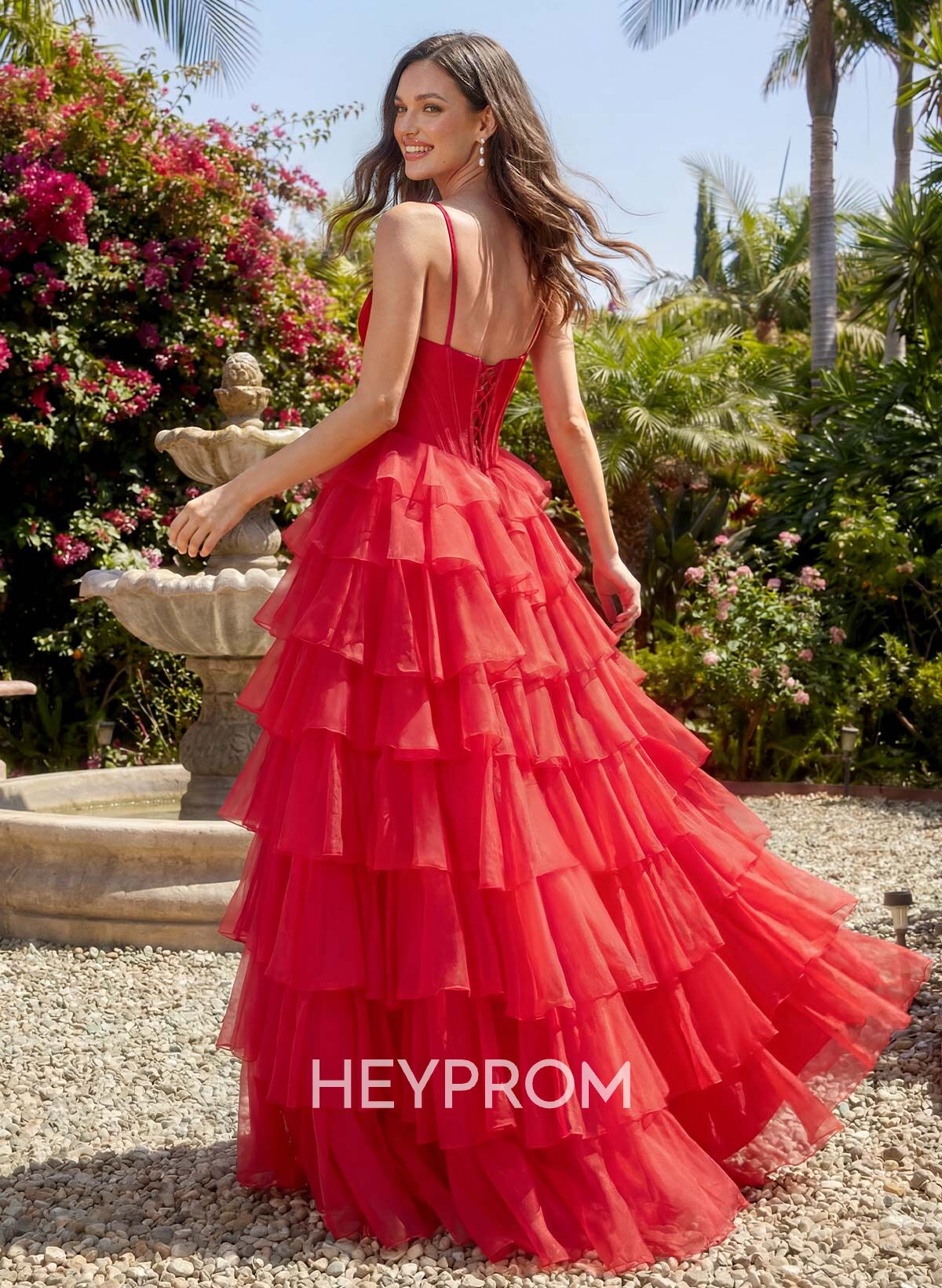 A-Line Square Neckline Sleeveless Floor-Length Chiffon Prom Dresses With Cascading Ruffles/High Split/Tiered