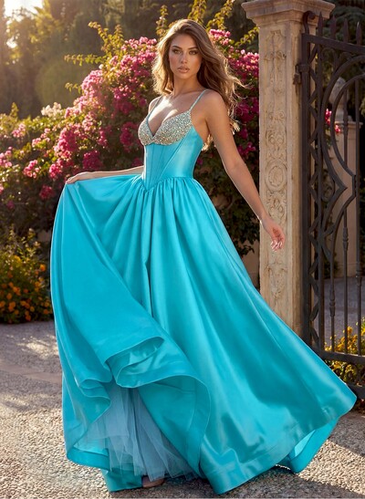 A-Line V-Neck Sleeveless Floor-Length Satin/Tulle Prom Dresses