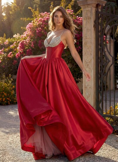 A-Line V-Neck Sleeveless Floor-Length Satin/Tulle Prom Dresses