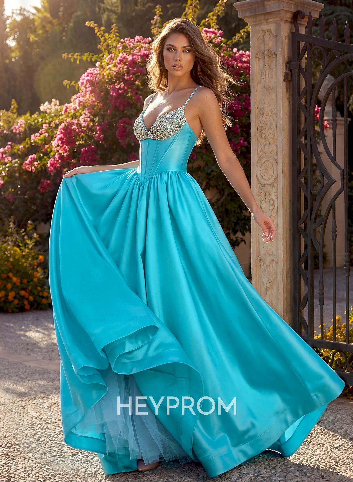 A-Line V-Neck Sleeveless Floor-Length Satin/Tulle Prom Dresses