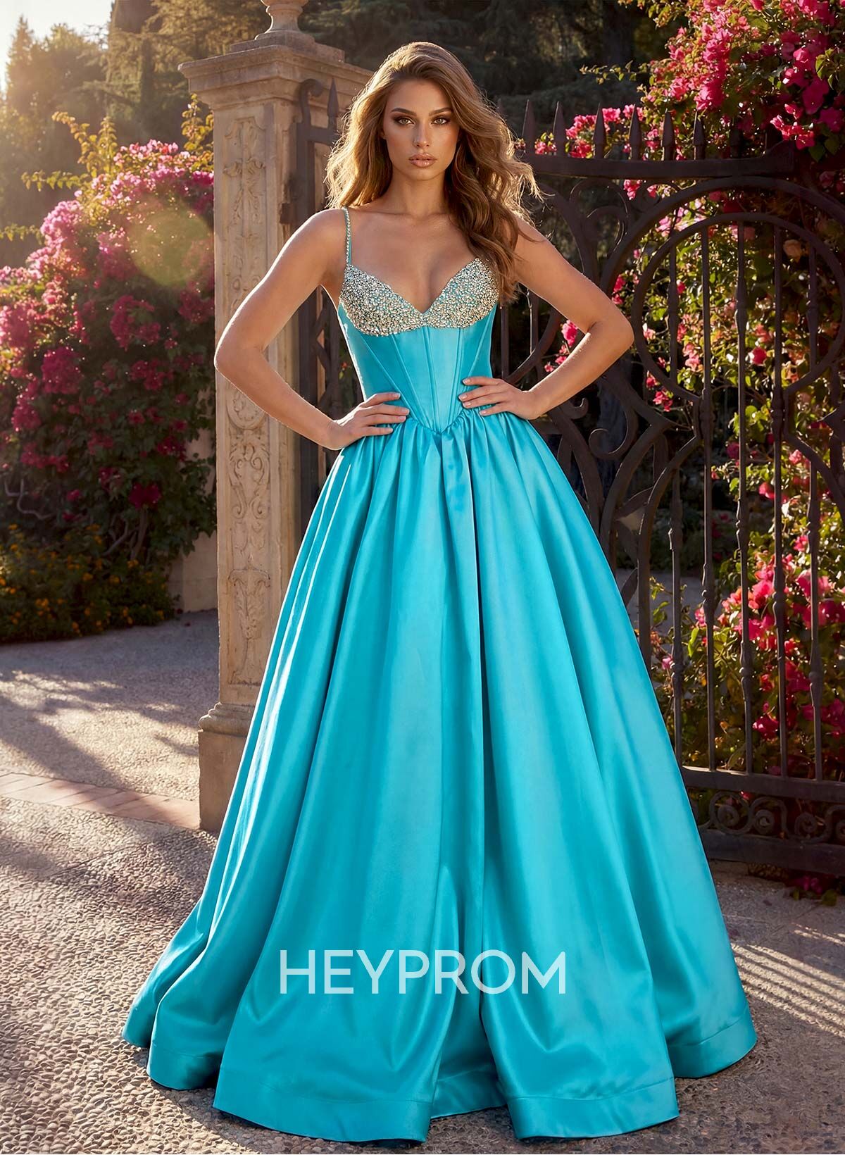 A-Line V-Neck Sleeveless Floor-Length Satin/Tulle Prom Dresses