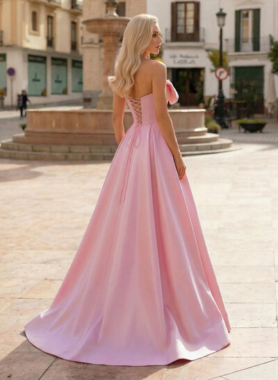 A-Line Off-The-Shoulder Sleeveless Sweep Train Satin Prom Dresses With Bow(s)