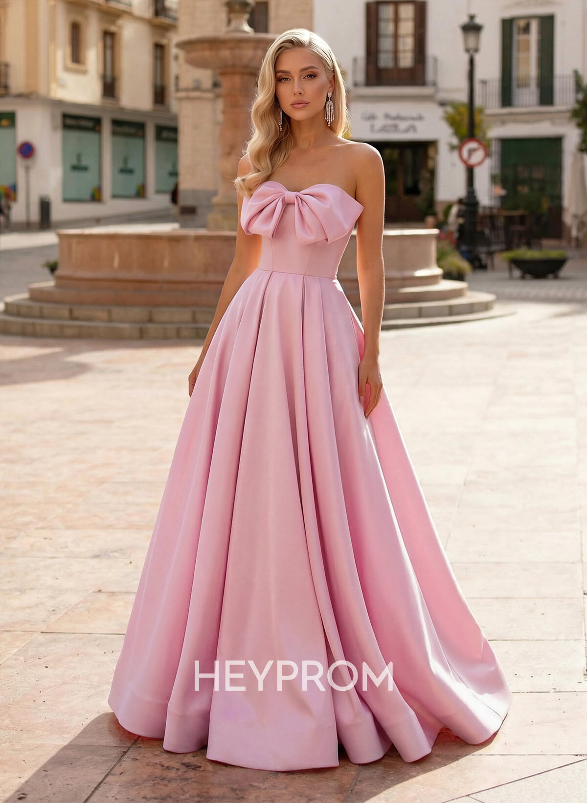A-Line Off-The-Shoulder Sleeveless Sweep Train Satin Prom Dresses With Bow(s)