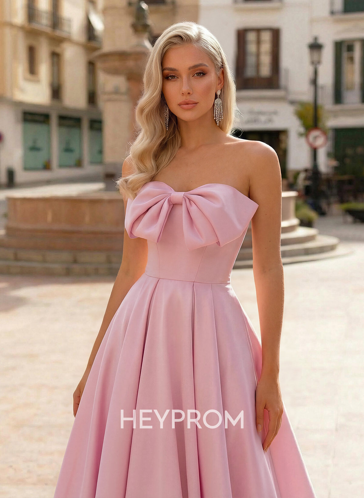 A-Line Off-The-Shoulder Sleeveless Sweep Train Satin Prom Dresses With Bow(s)