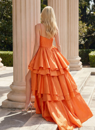 A-Line Sweetheart Sleeveless Sweep Train Taffeta Prom Dresses With High Split