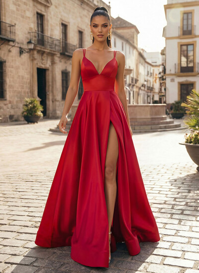 A-Line V-Neck Sleeveless Sweep Train Satin Prom Dresses With High Split
