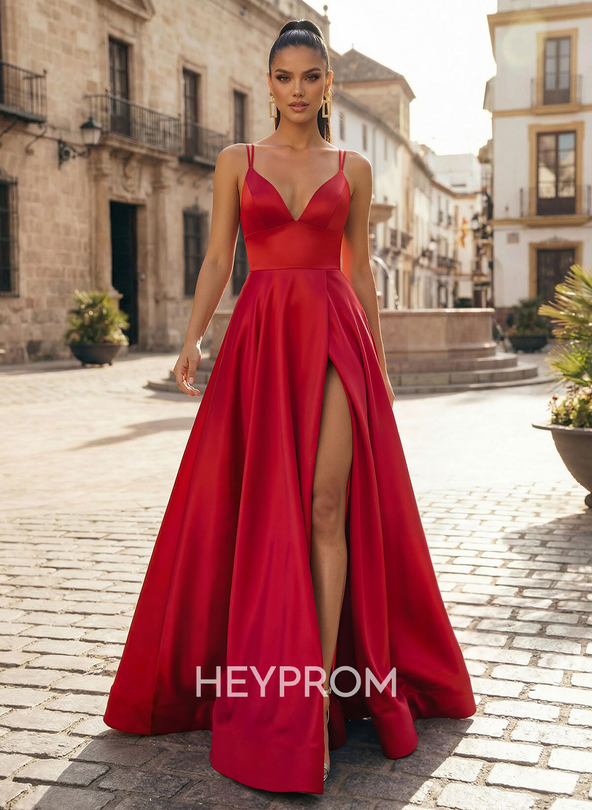 A-Line V-Neck Sleeveless Sweep Train Satin Prom Dresses With High Split