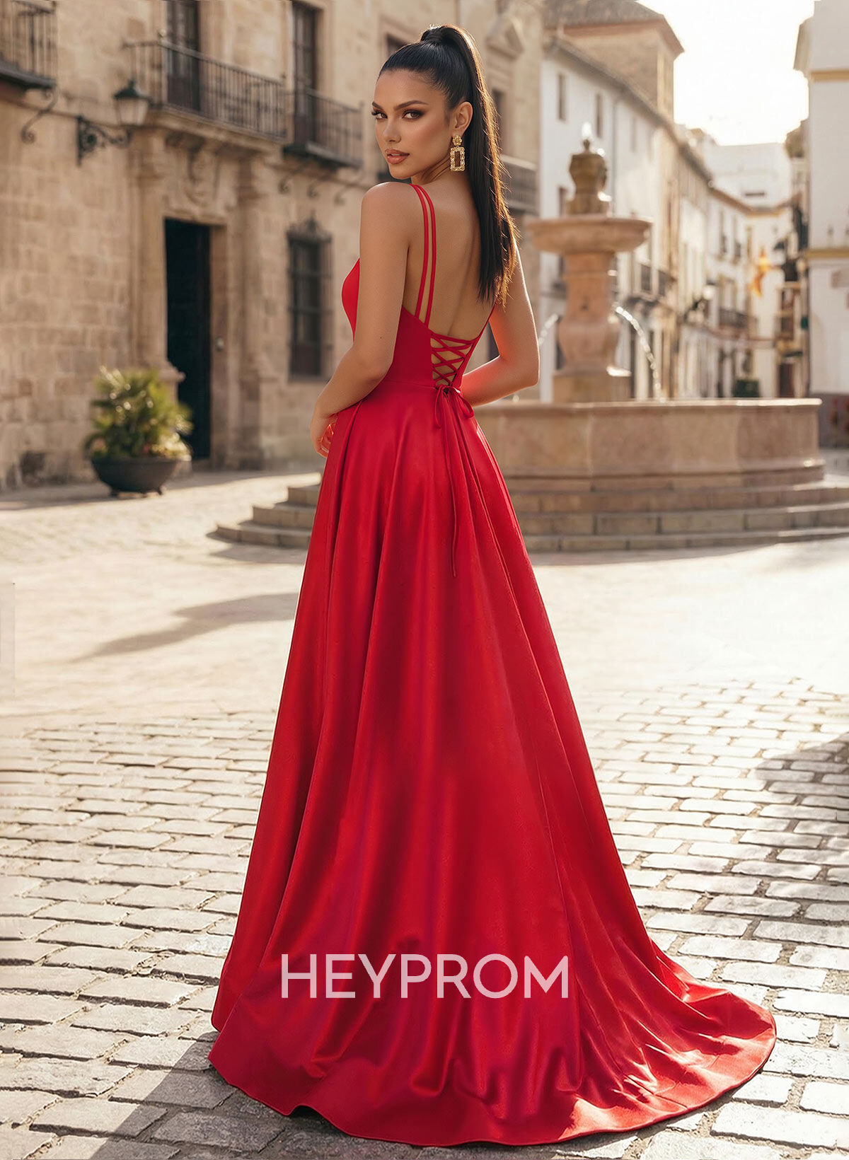 A-Line V-Neck Sleeveless Sweep Train Satin Prom Dresses With High Split
